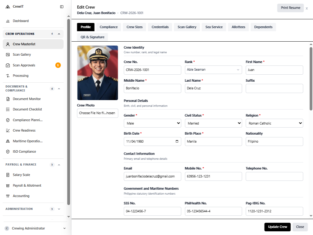Crewing AI crew profile showing personal data, processing, compliance, medical, documents, training, scans, sea service, allottees, and dependents