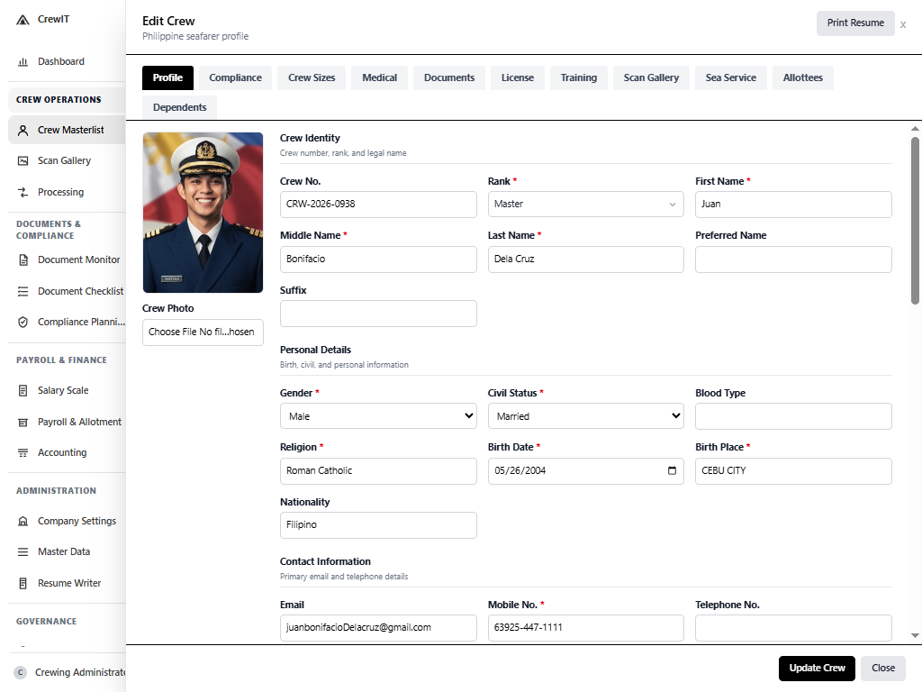 Crewing AI crew profile showing personal data, processing, compliance, medical, documents, training, scans, sea service, allottees, and dependents